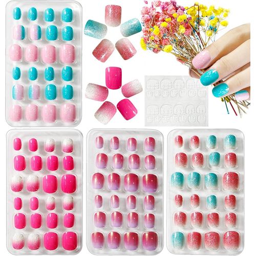 Kal-4 Boîtes Faux Ongles Pour Enfants, Nail Art Tip Pré Collé Dégradé De Couleur Court Full Cover Auto-Adhésif Avec 1pcs Autocollant De Colle À Ongles, Cadeau Pour Les Femmes Filles - B 