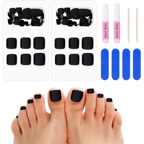 Kal-Faux Ongles Pied Noir In 12 Tailles, Faux Ongles D'orteil Court Couverture Complète, 48pcs French Manucure Court Per Pieds, French Capsule Ongle Pied Pour Femme Fille Manucure 