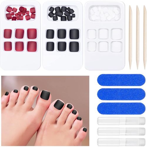 Kal-Carré Faux Ongles D'orteil Court, 72pcs Faux Ongles Pieds French Pieds Ongle Et Accessoires Pour Femme Fille Diy Manucure, 12 Tailles Différentes, Noir/Blanc/Rouge 