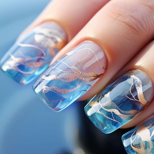 Kal-24 Pièces Français Faux Ongles Moyen Carré, Bleu Ballerine Press On Nails Naturel Ongles À Coller Avec Lignes D'or Dessin, Acrylique Pleine Couverture Square Faux Ongles Autocollants Pour Femmes 