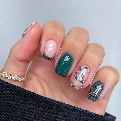 Kal-24 Pièces Français Faux Ongles Carrés Press On Nails Court Feuilles Vertes Glossy Couverture Complète Faux Ongles À Coller 12 Tailles Acrylique Bâton Sur Ongles Pour Femmes Et Filles Nail Art 