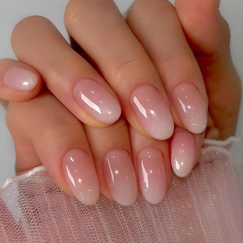 Kal-24 Pièces Amande Faux Ongles Court Français Rose Blanc Dégradé Press On Nails Couverture Complète Acrylique Soft Gel Ongles À Presser Naturel Bâton Sur Ongles Pour Femmes Et Filles 
