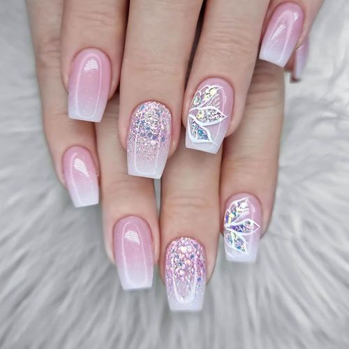 Kal-24 Pièces Faux Ongles Court Carré, French Rose Blanc Pailleté Ongles À Presser, 12 Tailles Acrylique Couverture Complète Gel Capsules Ongles À Coller Pour Femme Et Filles Nail Art À La Maison 