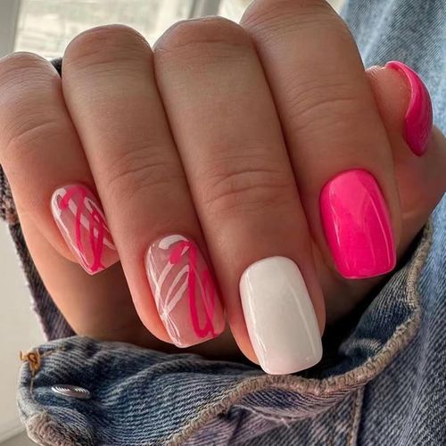 Kal-24 Pièces Faux Ongles Court Carré, French Rose Blanc Graffiti Ongles À Presser, 12 Tailles Acrylique Couverture Complète Gel Capsules Bâton Sur Ongles Pour Femme Et Filles Nail Art À La Maison 