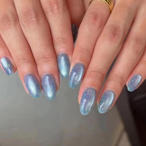 Kal-24 Pièces Faux Ongles Amande Moyen, Brillant Français Press On Nails Ballerina Ongles À Coller, Artificiels Capsules Ongles Naturel Pour Femmes Filles Nail Art Décorations - ?il De Chat Bleu 