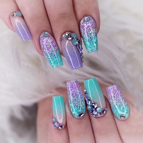 Kal-24 Pièces Faux Ongles Cercueil Moyen, Français Glossy Violet Vert Pailleté Press On Nails, 12 Tailles Couverture Complète Gel Ongles À Coller Acrylique Fake Nails Pour Femme Et Filles Nail Art 