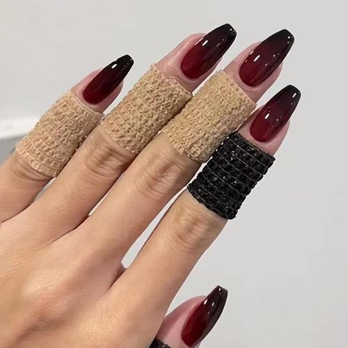 Kal-24 Pièces Faux Ongles Cercueil Moyen, Français Glossy Rouge Noir Dégradé Press On Nails, 12 Tailles Couverture Complète Ongles À Coller Acrylique Fake Nails Pour Femme Filles Nail Art À La Maison 