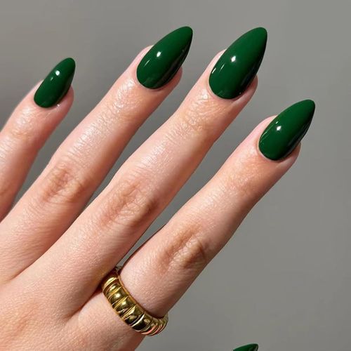 Kal-24 Pièces Français Faux Ongles Autocollants, Vert Foncé Amande Ongles À Coller Couleur Pure Press On Nails, Réutilisables Couverture Complète Brillant Acrylique Ongles Pour Femme Fille 
