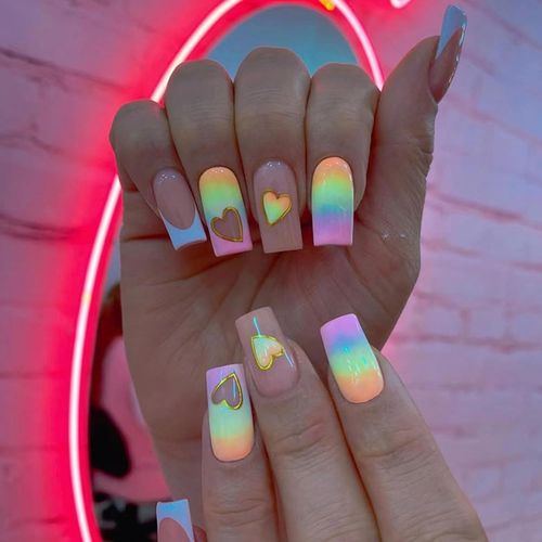 Kal-24 Pièces Faux Ongles À Presser Moyen Carré Français Ongles À Coller Amour Arc-En-Ciel Acrylique Couverture Complète Ballerina Press On Nails Pour Femme Et Fille Diy Nail Art Décoration 