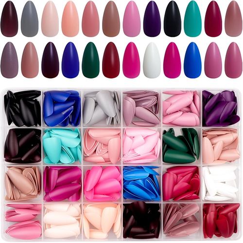 Kal-576 Pcs Mat Amande Faux Ongles Kit Court,24 Color Uni Press On Nails Motif,Ovale Faux Ongle Moyen Pour Femme Et Ado,Almond Reutilisable Faux Ongles À Coller Nail Art 