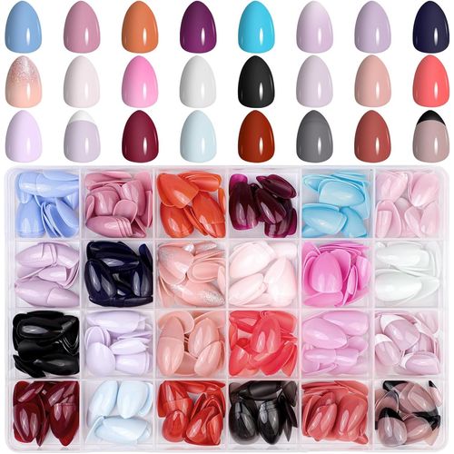 Kal-24 Packs (576 Pcs) Gel Amande Faux Ongles Kit Court,Paillette Uni Press On Nails Avec Patch,Ovale Faux Ongle Avec Colle Pour Femme Et Ado,Almond Faux Ongles À Coller Nail Art 
