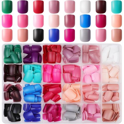Kal-24 Packs (576 Pcs) Mat Carrés Faux Ongles Kit Court,Reutilisable Press On Nails Avec Patch,Colorés Faux Ongle Lot Avec Colle Pour Femme Et Ado,Square Faux Ongles À Coller Nail Art 