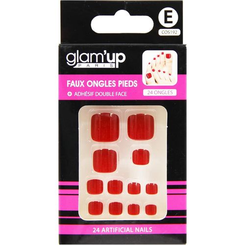 Kal-Glam`Up Paris - Faux Ongles Pieds - Pleine Couverture - Facile À Utiliser - 24 Faux Ongles Par Boîte + Adhésifs Double Face - Forme Carrée Arrondie - N°192 - Rouge 
