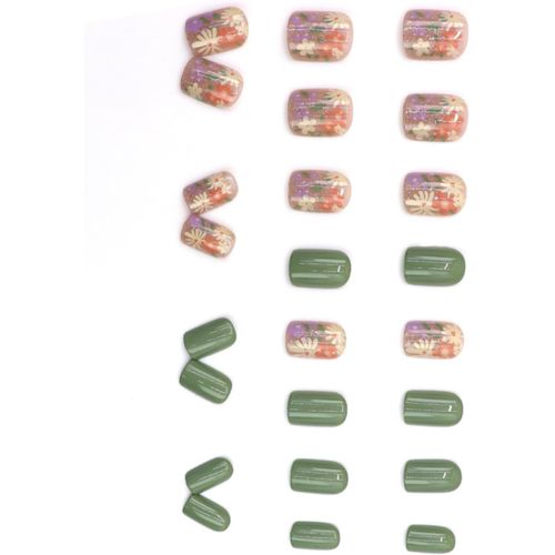 Kal-24 Pièces D'ongles Pressés, Ongles Courts Carrés, Fleurs De Jardin, Faux Ongles Pleins, Ongles Artificiels Français En Acrylique, Adaptés Aux Femmes Et Aux Filles, Décoration Nail Art 