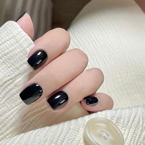 Kal-24 Pièces Faux Ongles Court Carré, French Couleur Pure Press On Nail, Ballerine Ongles À Coller Naturel Glossy Acrylique Faux Ongles Pour Femmes Et Filles Diy Manucure (Noir Brillant) 