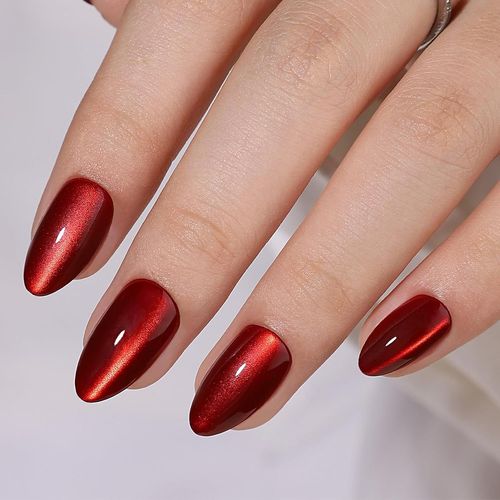 Kal-Lot De 32 Faux Ongles Courts En Forme D'amande - ?il De Chat Rouge - Avec Colle Brillante - Paillettes - Rouge Foncé - À Coller - Couverture Complète Avec Colle Gel 