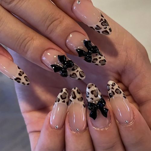 Kal-Ongles Pression Amande Médium Faux Ongles Or Colle Sur Ongles Léopard N?ud Design Strass Paillettes Acrylique Ongles French Manucure Faux Ongles 24 Pièces 
