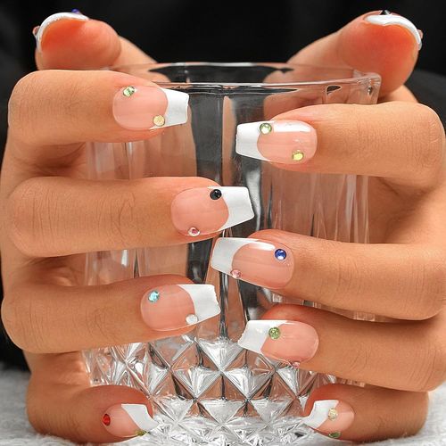 Kal-Français Rose Pierre À Fusil Clous À Presser Cercueil Moyen Naturel Brillant Faux Ongle Pointe Blanche Fait À La Main Faux Ongles Faux Ongles De Qualité Salon Pour Femmes Et Filles (J) 