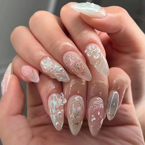 Kal-Faux Ongles 3d Press On Faits À La Main Avec Breloques, En Forme D'amande, Ongles Français Mignons Avec Papillon, Fleur, N?ud, Perles, Pour Femme 