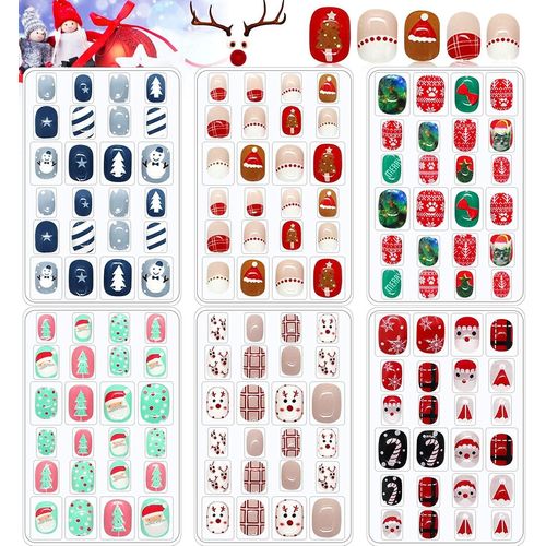 Kal-6 Pièces Noël Enfants Faux Ongles, Autocollants Adhésifs Couverture Complète Ongles Mignons Pour Filles Diy Nail Art Décoration ¿Père Noël Bonhomme De Neige Arbre De Noël¿ 