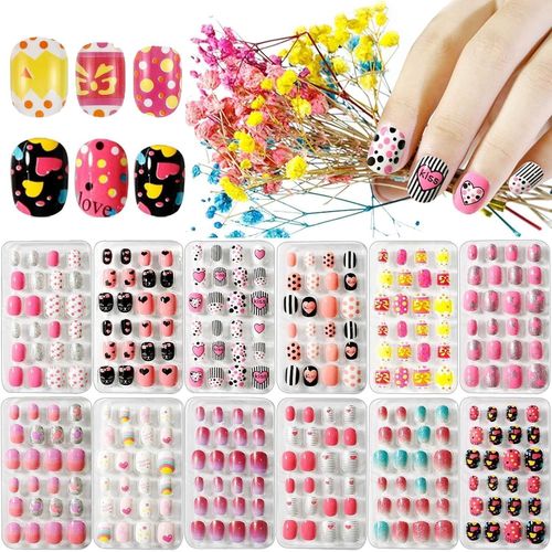 Kal-12 Boîtes Faux Ongles Pour Enfants, Nail Art Tip Pré Collé Modèle De Arc-En-Ciel Court Full Cover Auto-Adhésif Ongles Avec 2pcs Double-Face Colle Nail Stickers Pour Filles Cadeau Ongles 