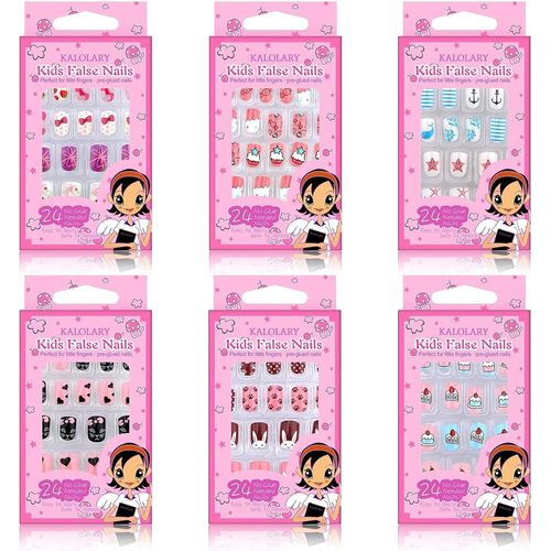 Kal-144 Pcs Faux Ongles Pour Enfants, Nail Art Tip Pré Collé Modèle De Bonbons Court Full Cover Auto-Adhésif Ongles Pour Femmes Adolescents Filles Cadeau Ongles 