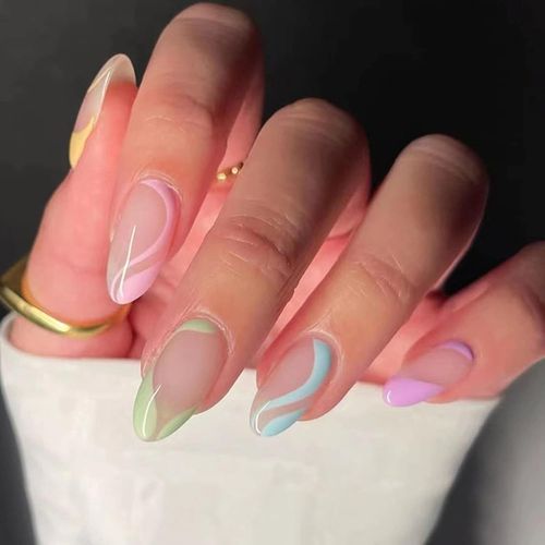 Kal-24 Pcs Colorés Swirl Amande Faux Ongles Court Motif,Rainbow French Press On Nails Courts,Pretty Ovale Faux Ongle Avec Colle Pour Femme Et Ado,Moyen Faux Ongles À Coller Nail Art 