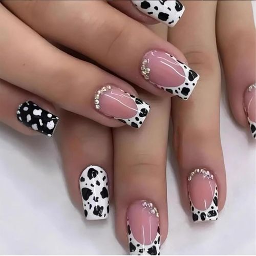 Kal-24 Pièces Ongles Français Courts Faux Ongles Embout Carré Avec Imprimé Léopard Et Design Strass Rose Éclat Ongles En Acrylique Complets Ongles Autocollants 
