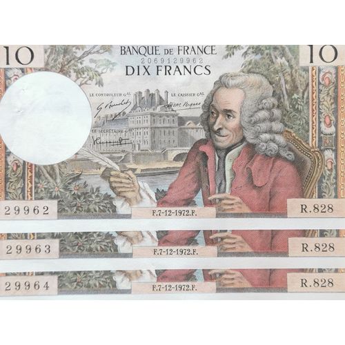 Suite De 3 Billets 10 Francs Voltaire 1972 - Numéros Consécutifs - 29962 À 29964