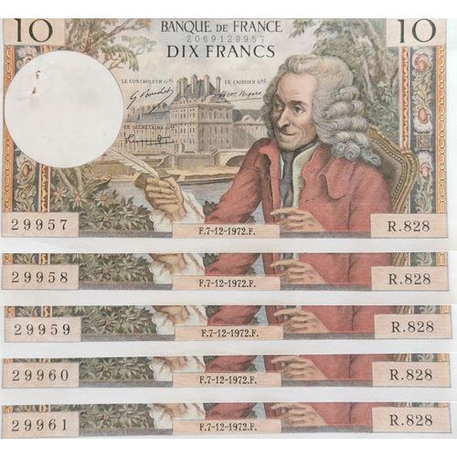 Suite De 5 Billets 10 Francs Voltaire 1972 - Numéros Consécutifs - 29957 À 29961