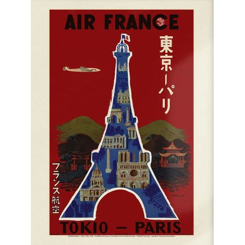 Air France - Tokio - Paris - Tour Eiffel - Villemot, 1952 - Affiche 50x70cm