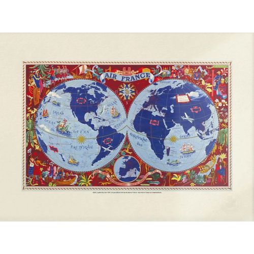 Air France - Planisphère - Mappemonde - Lucien Boucher, 1952 - Affiche 50x70cm