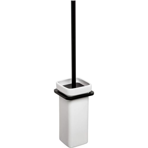 KAL-Brosse Toilettes Wc Sans Perçage | Système Glue Fix Ou Vis Incluses | Aluminium Résistant | Balayette Wc Compacte | 12 X 12 X 38 Cm - Collection Onyx - Noir & Blanc