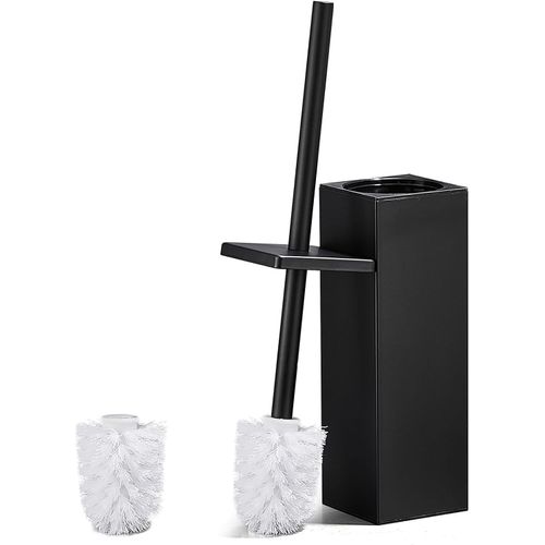 KAL-Brosse Toilettes Wc, Brosses Wc Et Supports En Acier Inoxydable, Balayette Wc Pour 2X Têtes De Remplacable Brosse, Carré Balai Wc Fermé 8X8X42.5Cm, Noir