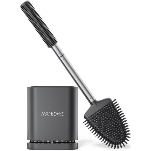 KAL-Brosse De Toilette En Silicone : Tête Flexible, Poignée En Acier Inoxydable, Montage Mural, Support À Séchage Rapide Pour Le Nettoyage De La Salle De Bain (Noir)