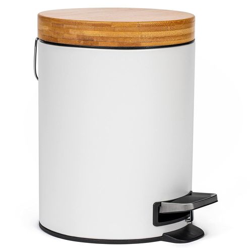 KAL-® Poubelle De Salle De Bain Design 5 Litres - Bambou Supérieur | Fermeture Souple | Anti-Trace | Blanc