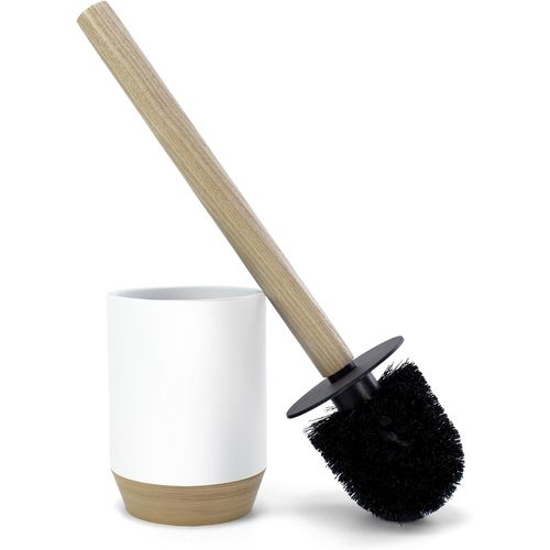 KAL-Brosse Wc Wc Série Bélier Blanc Mat Résine Et Bois Base Peinte À La Main Brosse Noire Amovible 9,1Ø X 34,5 Cm Hauteur (Blanc)