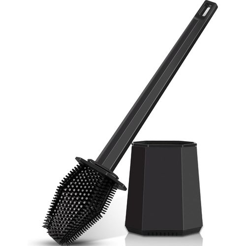 KAL-Brosse Wc Avec Support, Support De Tabouret En Silicone À Séchage Rapide Avec Support Mural Pour Salle De Bain, Toilettes D'Invités, Noir
