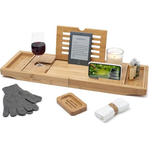 KAL-Plateau Baignoire Bois, Accessoires Salle De Bain Bambou, Tablette Baignoire, Plateau De Bain, Spa Bath Bridge - Naturel