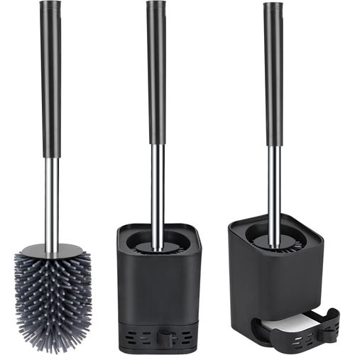 KAL-Brosse Wc En Silicone Avec Récipient À Séchage Rapide Pour Salle De Bain, Toilettes D'Invités, Montage Mural Et Sur Pied, Noire