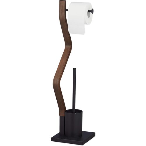 KAL-Garnitur Stehend Schwarz Brosse Wc Et Dérouleur Papier, Ensemble Autonome, Bois Et Acier, Hlp 75 X 18,5 X 18,5 Cm, Noir/Brun, Plaque De Fibres, 1 Élément