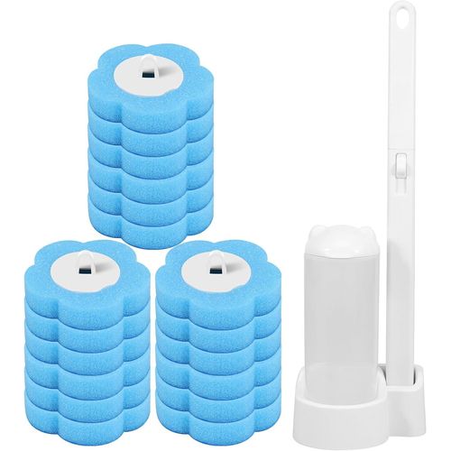 KAL-Kit De Nettoyage De Brosse De Toilette Avec 18 Recharges De Brosse De Toilette, Système De Nettoyage Jetable Avec Support Et Brosse De Nettoyage À Long Manche (Bleu, 18 + 2)
