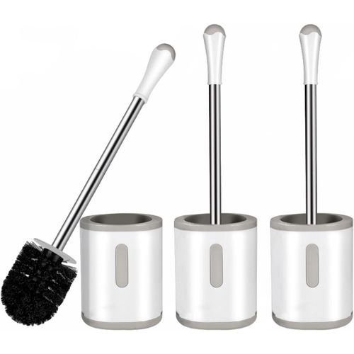 KAL-Lot De 3 Brosses De Toilette Et Support De Taille Compacte Avec Poignée En Acier Inoxydable, Support En Plastique De Petite Taille Facile À Cacher, Gain De Place Pour Le Rangement, Anti-Gouttes,