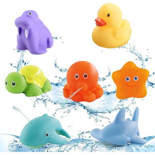 KAL-Jouets De Bain Pour Bébé, 7 Pièces Animaux Arroseurs Rigolos, Jeu D'Eau Jouet De Piscine, Jouet Éveil Pour Bébé, Jouets De Douche Pour Garcon Fille, Jouets Squirt Pour Bebe Enfant 1 2 3 Ans