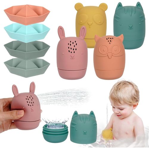 KAL-Jouets De Bain, 8 Pcs Jouet Bain Bébé En Silicone Avec Ouverture, Pulvérisable, Animaux Jouets Flottants, San Bpa, Couleur Neutre, Jouet Bain Pour Le Bain Piscine La Plage Noël Cadeaux D'Annivers