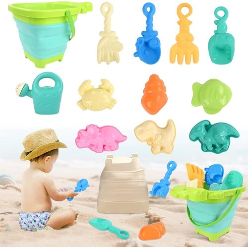 KAL-Jouet De Plage Enfant, 12 Pièces Jeux De Plage Avec Seau Crocodile Plage Pliant, Roue À Eau, Pelle Râteaux Moules, Glace Jeu De Plage Enfant Pour Bac A Sable Intérieur Extérieur (Vert)