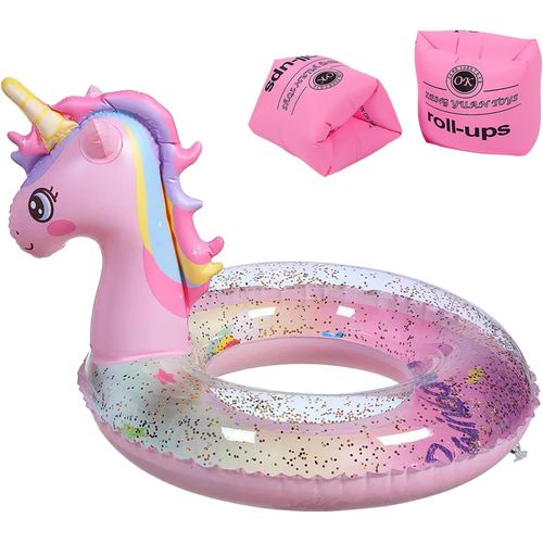 Kal-Bouée Licorne Pour Enfants, Flotteur De Piscine Gonflable Avec Paillettes, Anneau De Natation Avec 1 Paires Brassards De Natation Gonflables, Pour Bouée D'été Eau Jouet