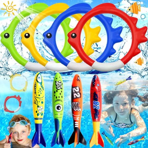 KAL-8 Pièces Jouet De Plongée, Torpedo Bandits, Anneaux De Plongée, Jouets Sous-Marins D'Été, Jouets De Piscine Pour Enfants, Jouets De Natation Pour Garçons Et Filles Pour Piscines Extérieures