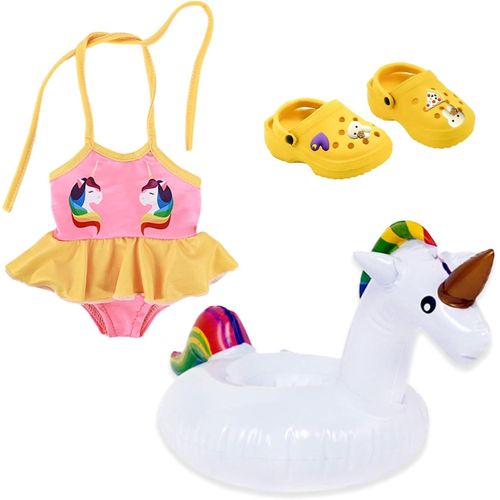 KAL-Set De Bain Pour Poupées 3 Pièces,Tenue De Piscine De Poupées,Vêtements De Bain Pour Poupée,Avec Maillot De Bain Pour Poupées De 43Cm,Chaussures,Cercle De Natation,Motifs Licorne (Multicolore-Lic