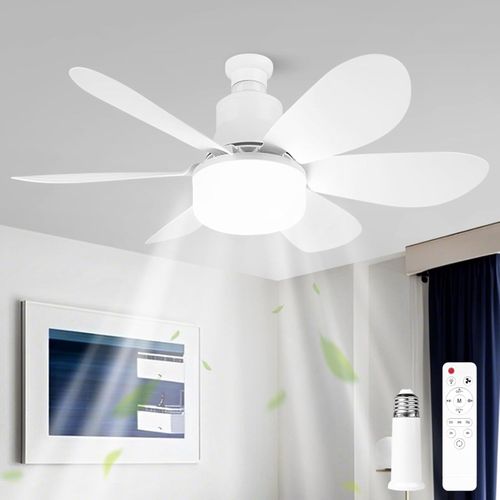 Lampe Ventilateur Plafond, 40W Ventilateur plafond avec lumière, E27 Ventilateur de Plafond Silencieux Avec Lumière et Télécommande, 6 Pales, 3 Vitesses (Blanc Rond + Rallonge)